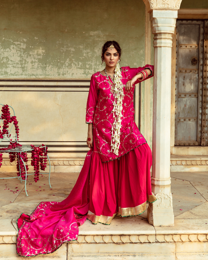 Magenta Chanderi Silk Embroidered Sharara Set