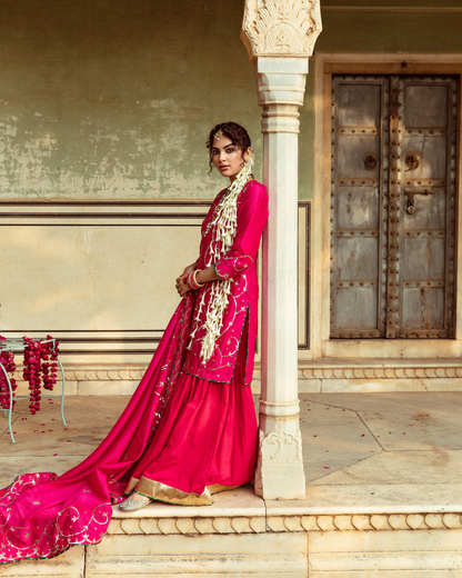 Magenta Chanderi Silk Embroidered Sharara Set