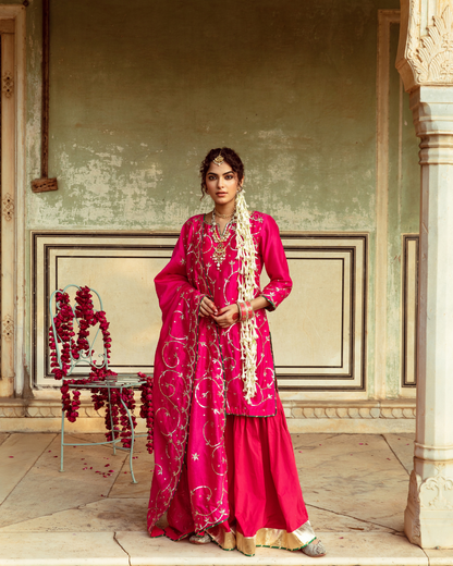 Magenta Chanderi Silk Embroidered Sharara Set