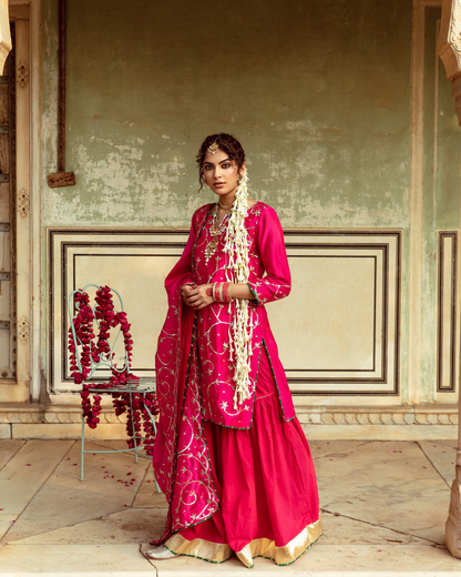 Magenta Chanderi Silk Embroidered Sharara Set