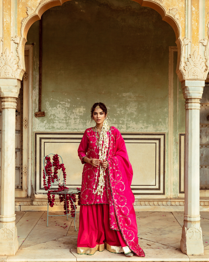 Magenta Chanderi Silk Embroidered Sharara Set