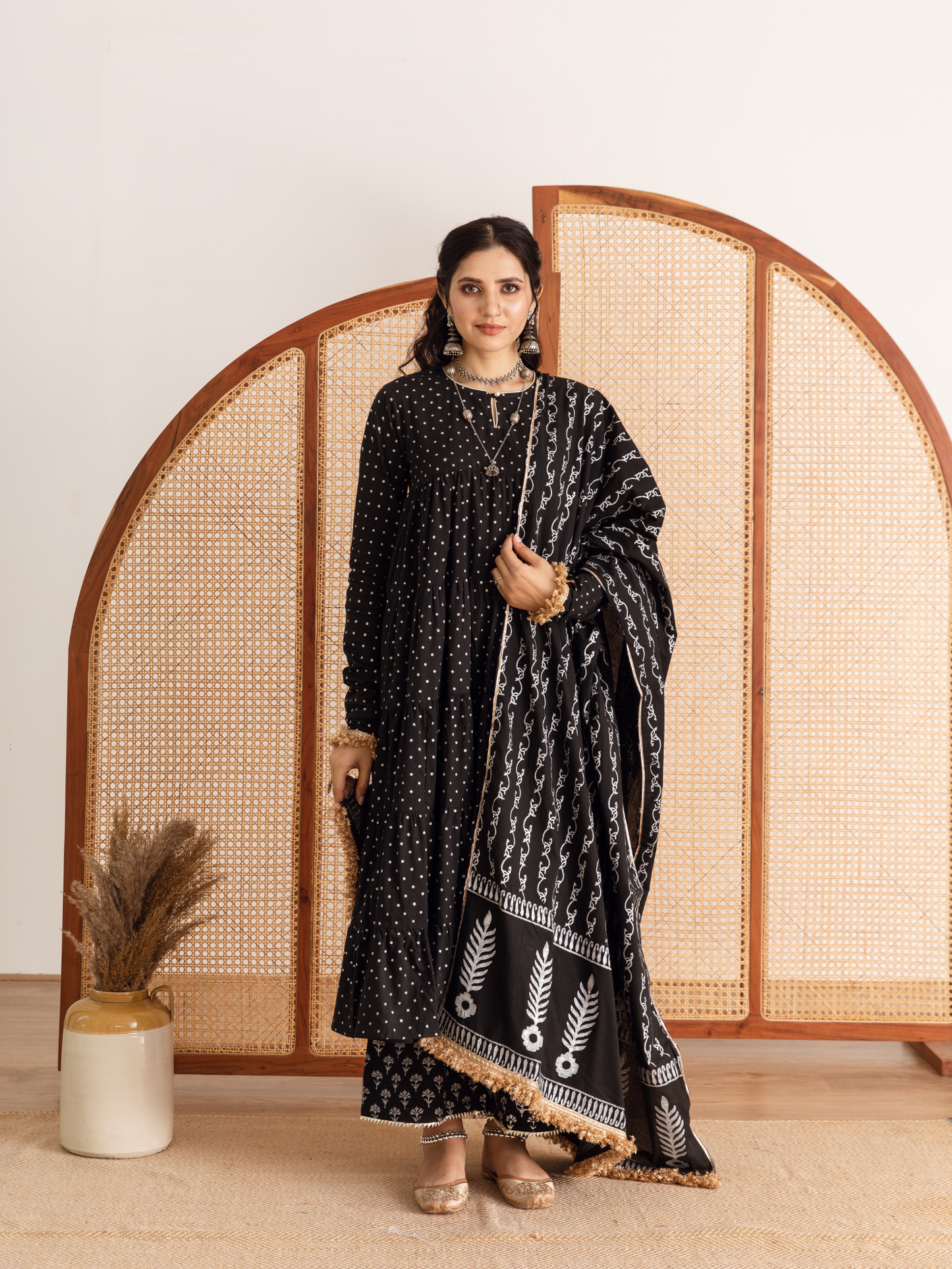 Raat Rani Set - Black Hand Printed Cotton Kalidar Suit Set