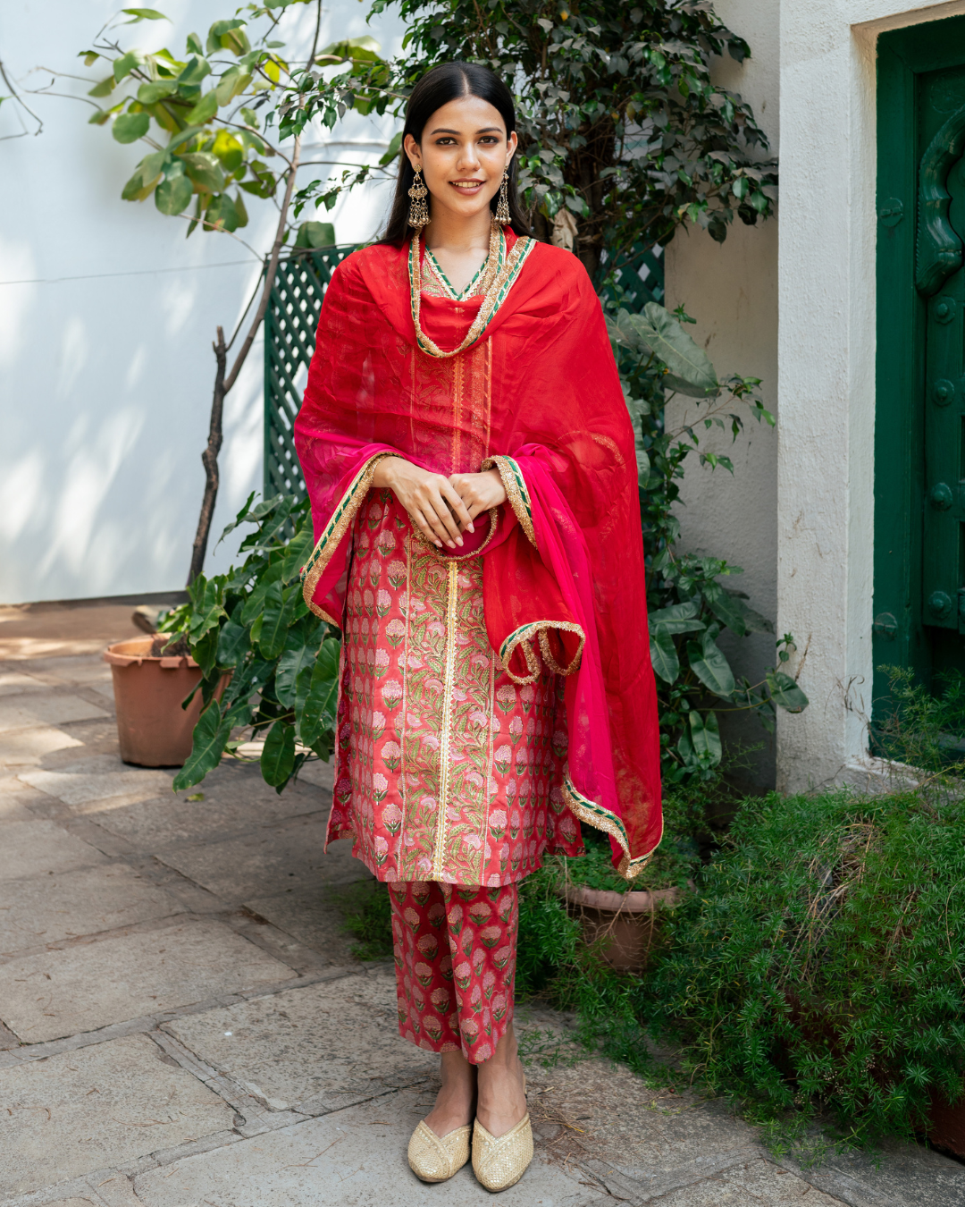 Red Block Printed Kurta Set