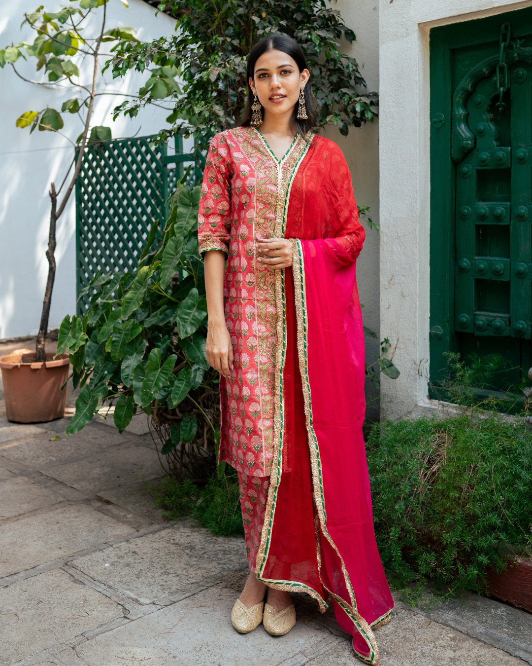 Red Block Printed Kurta Set