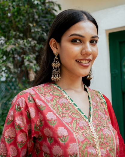 Red Block Printed Kurta Set