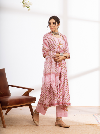 Rasika Gulabi Kalidar Set - Pink Hand Block Printed Cotton Kalidar Set