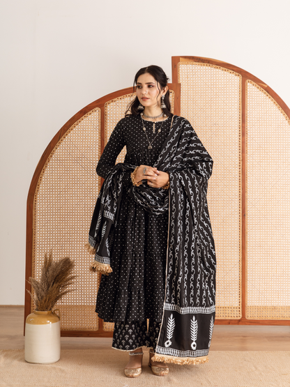 Raat Rani Set - Black Hand Printed Cotton Kalidar Suit Set