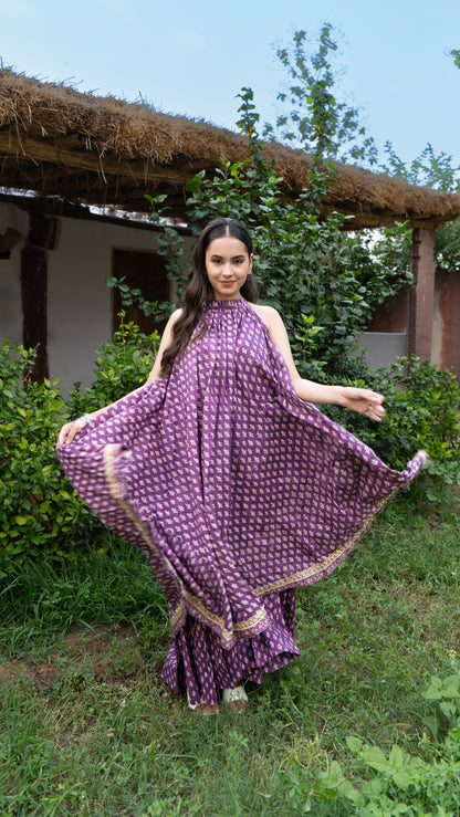 Saundh Purple and Peach Cotton block printed floral ghera dress