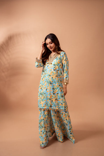 Linen digital print aqua kali sharara set