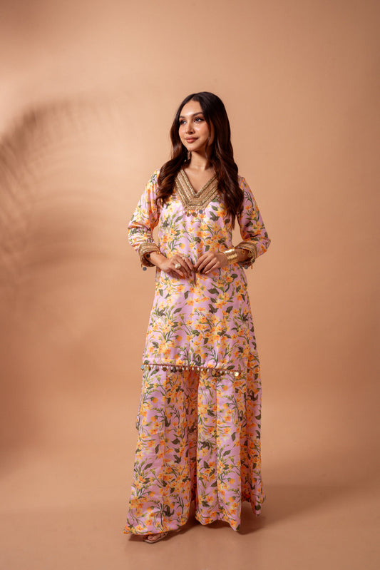 Linen digital print blush kali sharara set