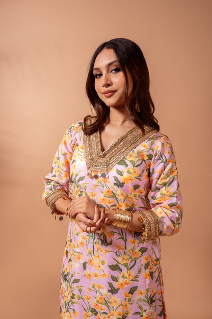 Linen digital print blush kali sharara set