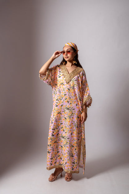 Linen digital print blush kaftan dress