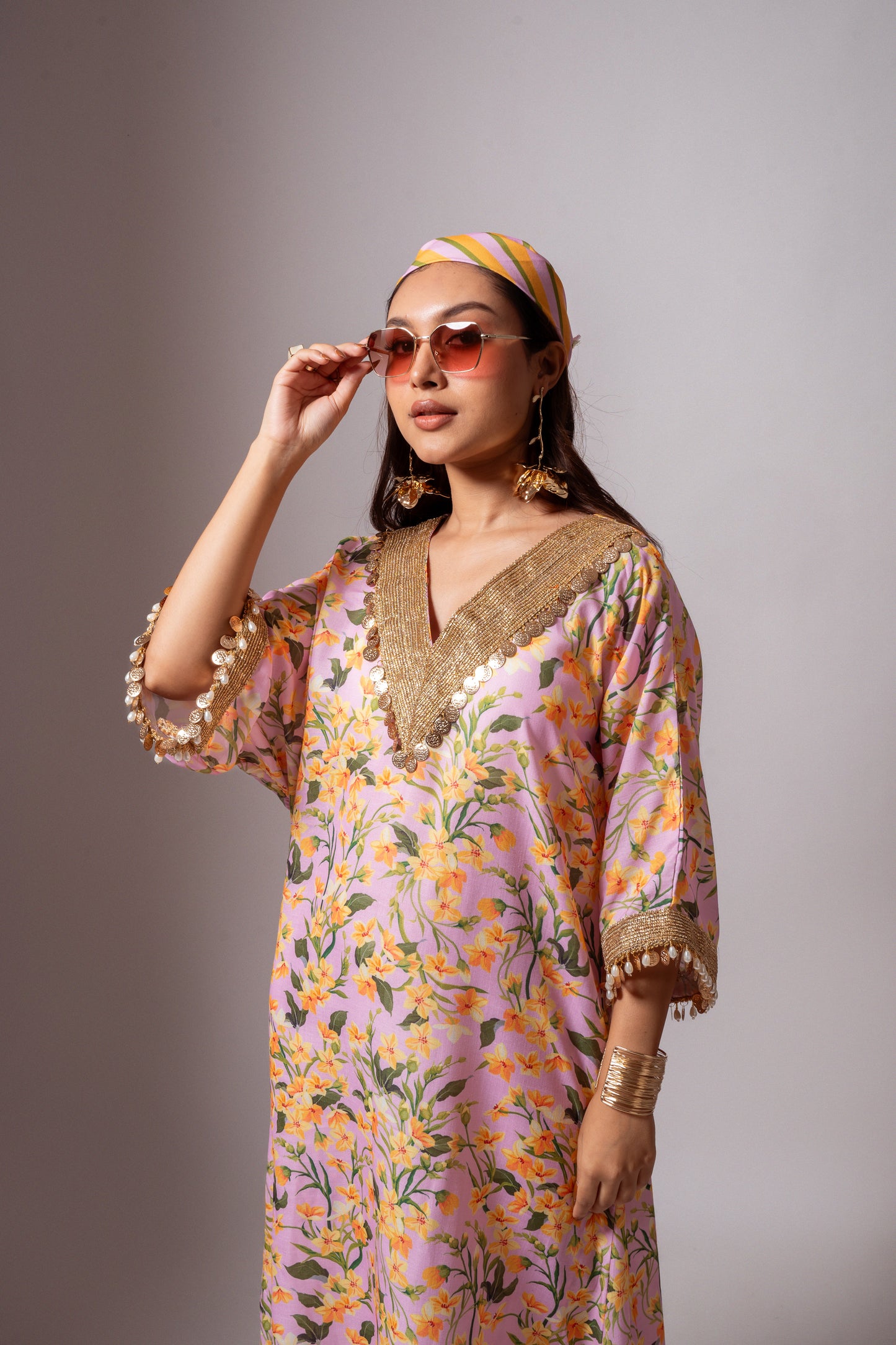 Linen digital print blush kaftan dress