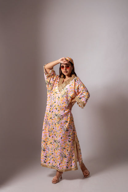 Linen digital print blush kaftan dress