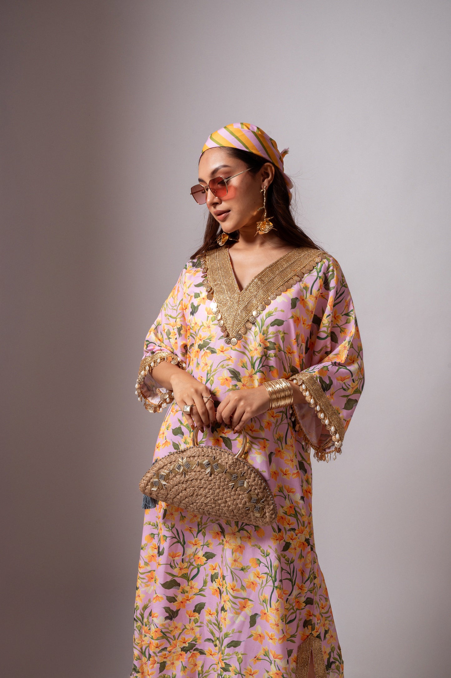 Linen digital print blush kaftan dress