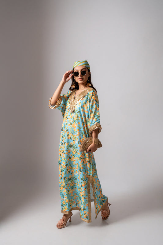 Linen digital print aqua kaftan dress