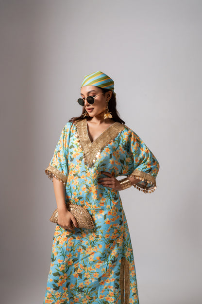 Linen digital print aqua kaftan dress