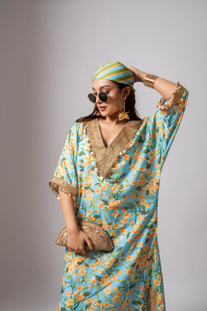 Linen digital print aqua kaftan dress