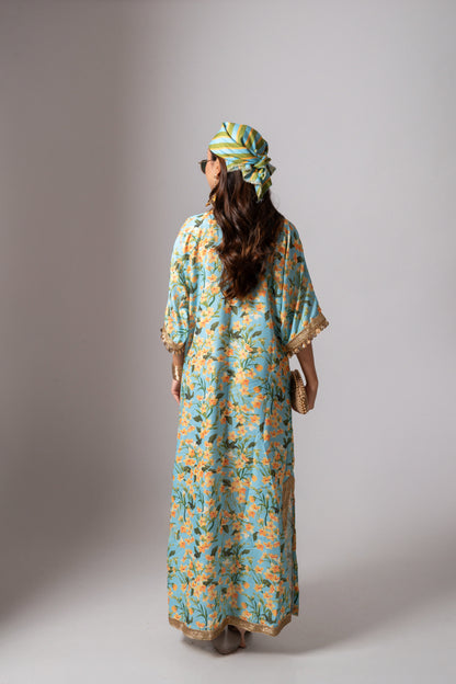 Linen digital print aqua kaftan dress