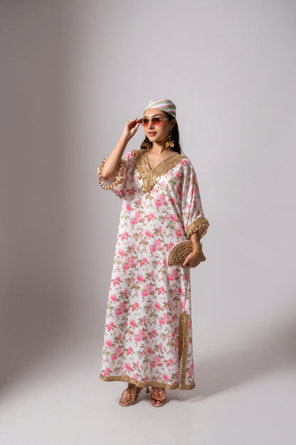 Linen digital print white kaftan dress