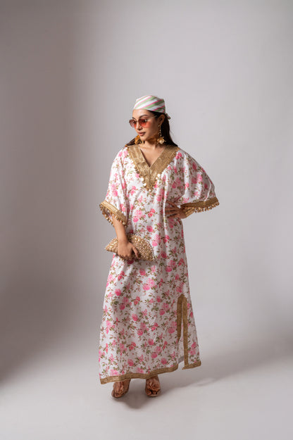 Linen digital print white kaftan dress