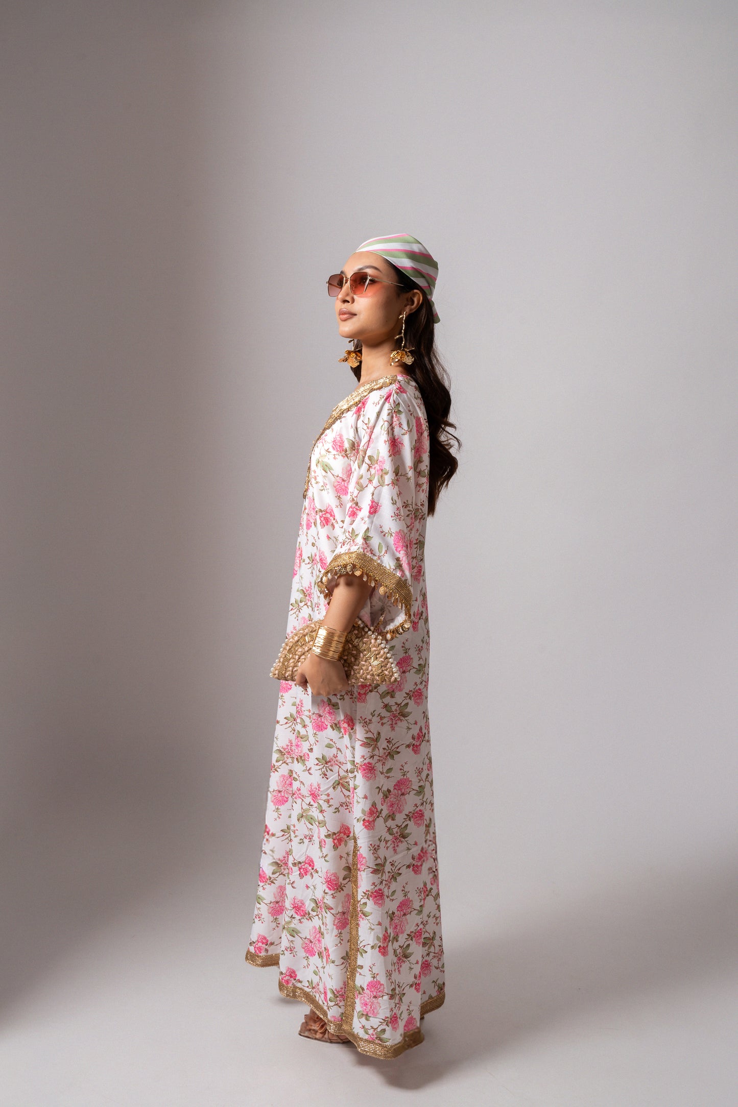 Linen digital print white kaftan dress