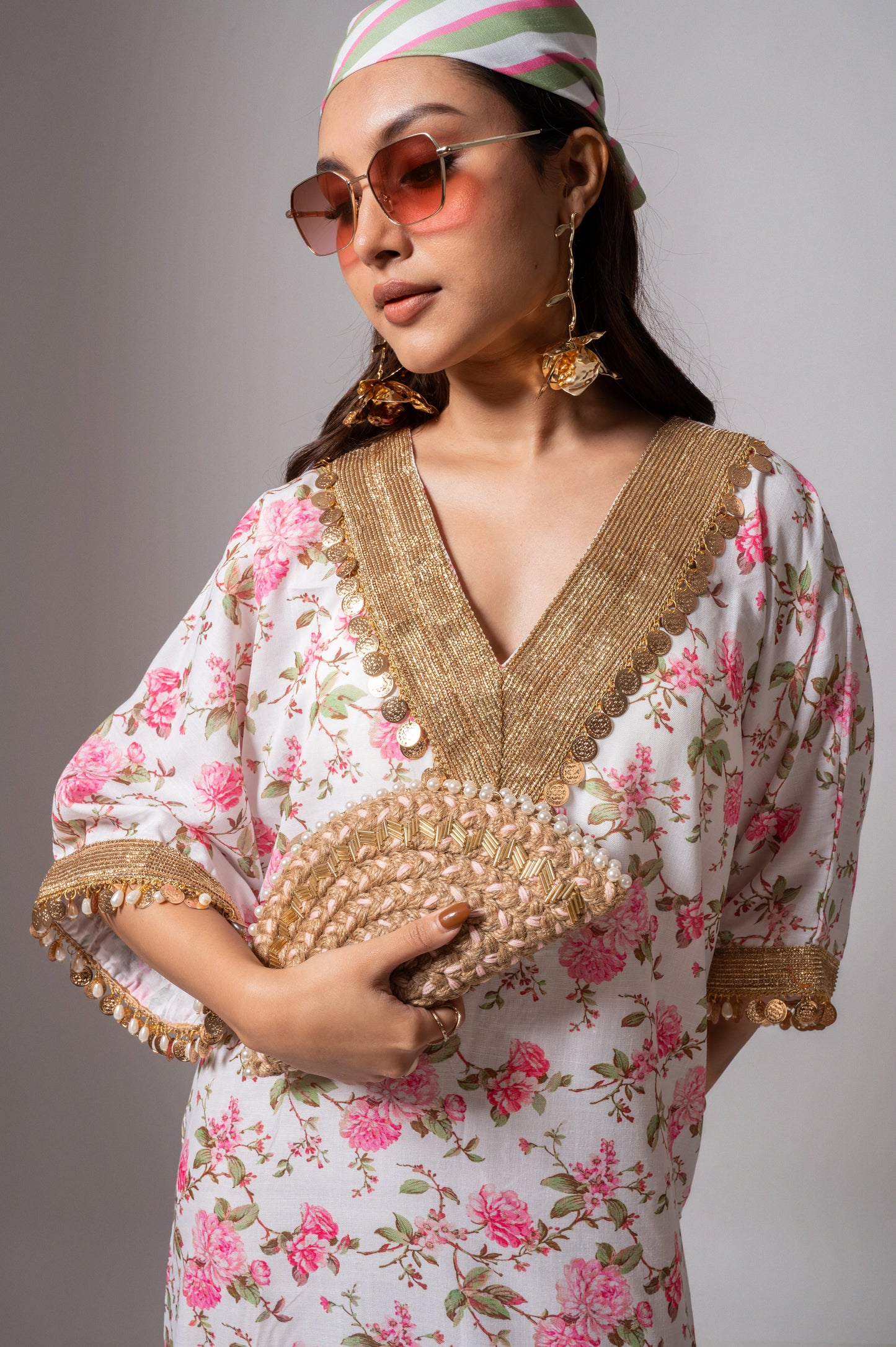 Linen digital print white kaftan dress