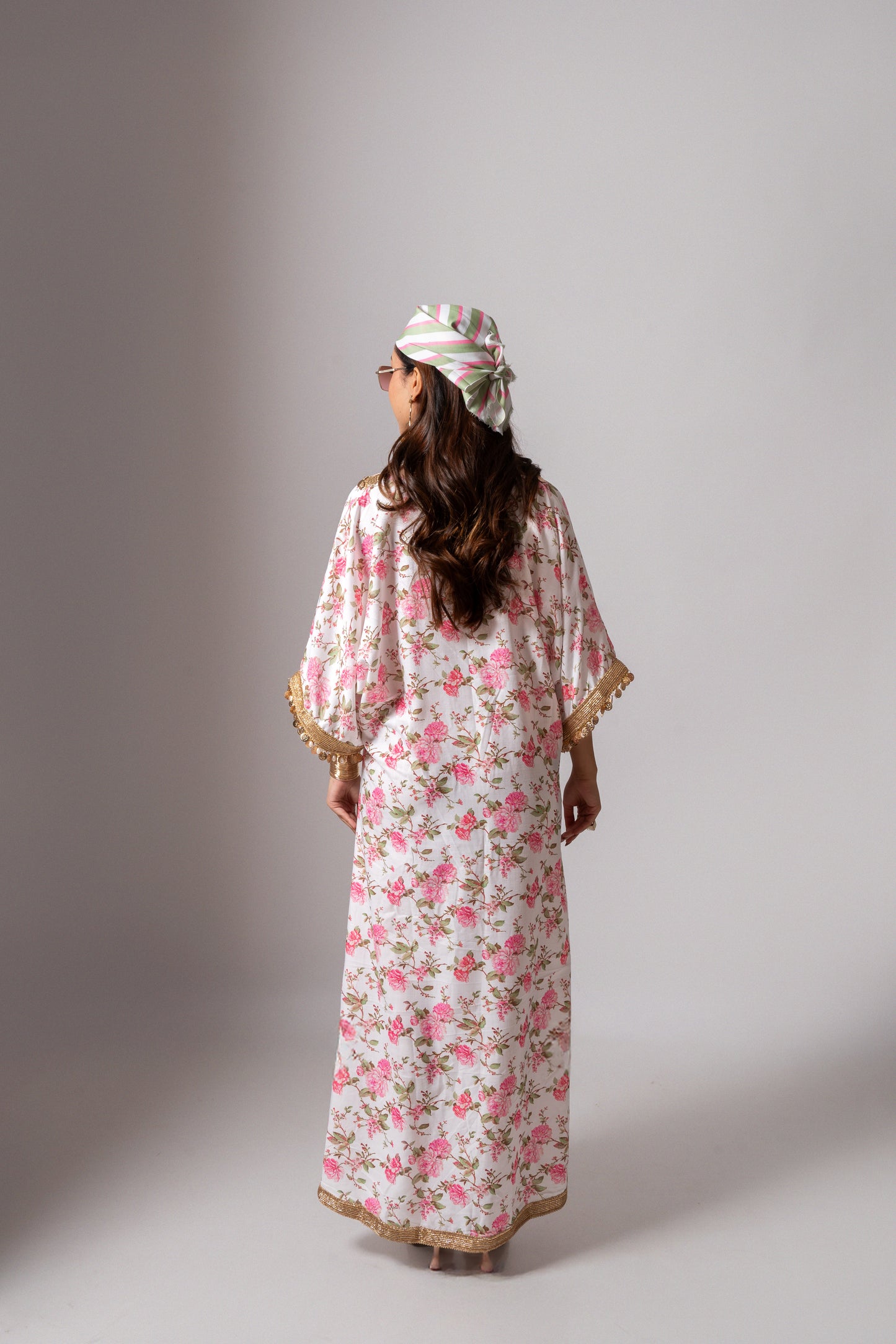 Linen digital print white kaftan dress