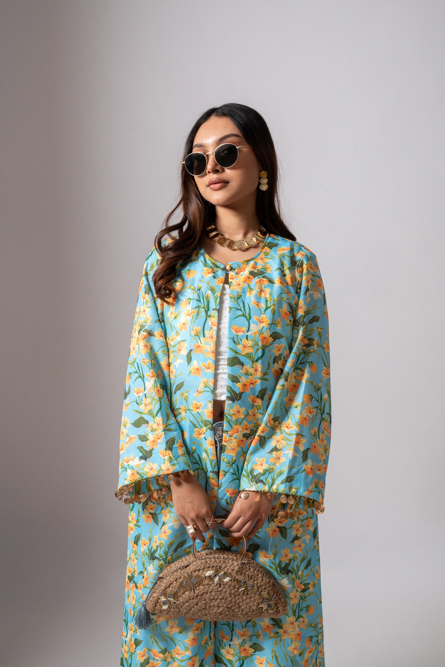 Linen digital print Aqua summer jacket