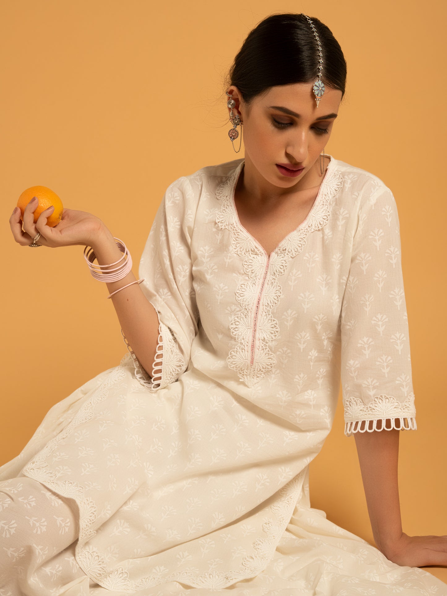 Mandakini Shwet White Printed Cotton Kurta Flared Skirt Chanderi Dupatta