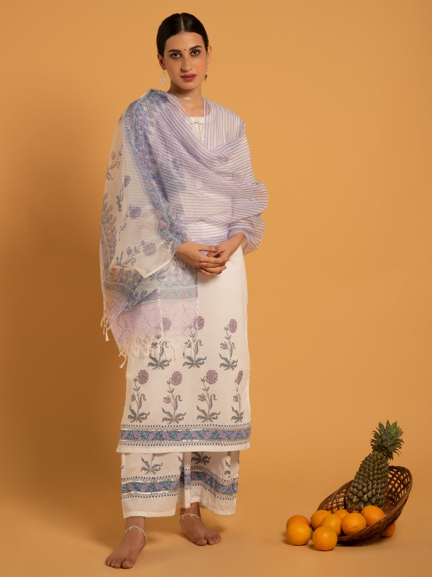 Surajmukhi Shwet White Purple Hand Block Printed Cotton Farshi Suit Kota Doria Dupatta