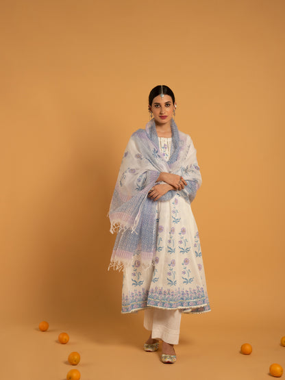 Surajmukhi Shwet White Blue Hand Block Printed Cotton Suit Kota Doria Dupatta