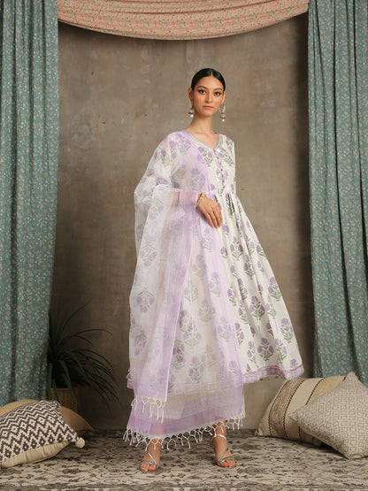 Tahira Suit Set Lavender White Hand Block Printed Cotton Gathered Kurta Gota Pants Kota Doria Dupatta