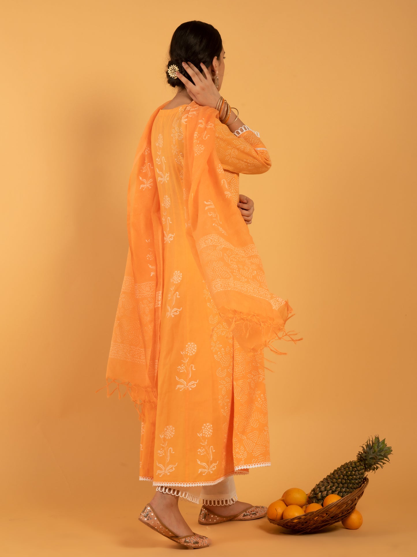 Narangi Khari Orange Printed Cotton Kaldiar Kurta White Pants Mulmul Dupatta
