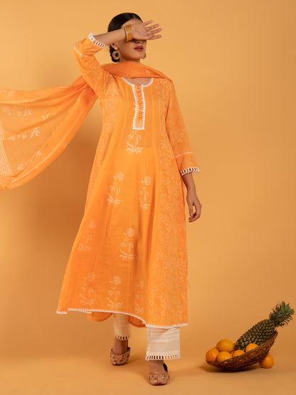 Narangi Khari Orange Printed Cotton Kaldiar Kurta White Pants Mulmul Dupatta