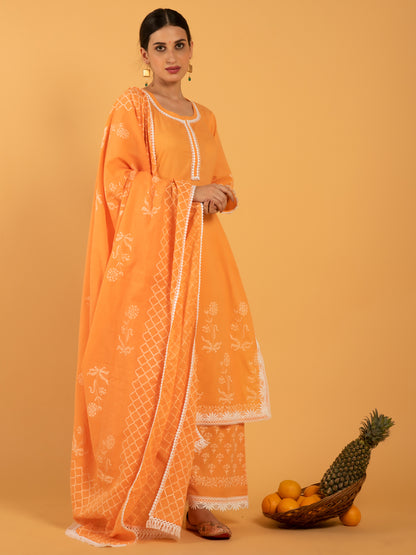 Narangi Khari Orange Printed Cotton Suit Mulmul Dupatta