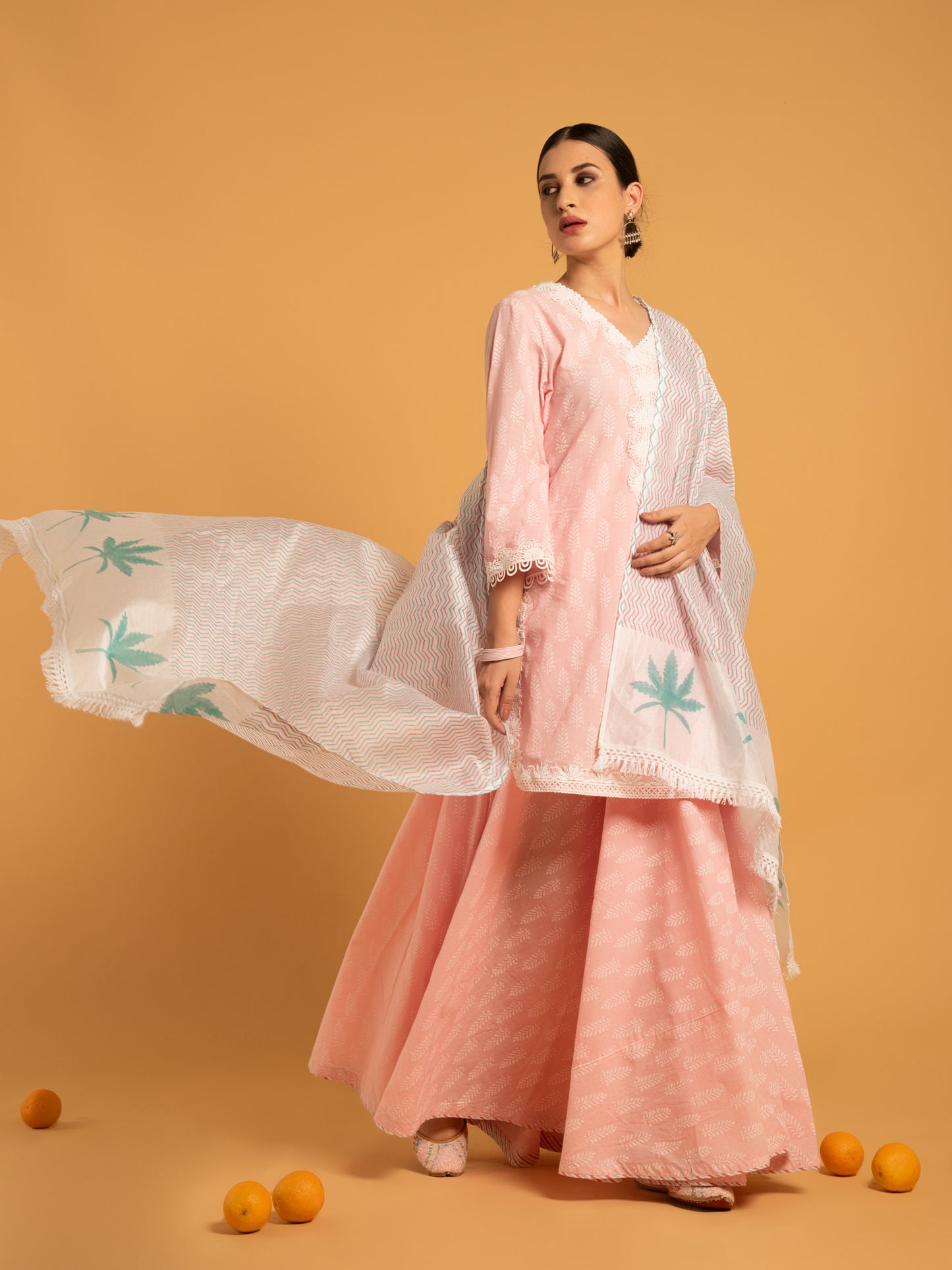 Mandakini Gulabi Pink Printed Cotton Kurta Flared Skirt Chanderi Dupatta