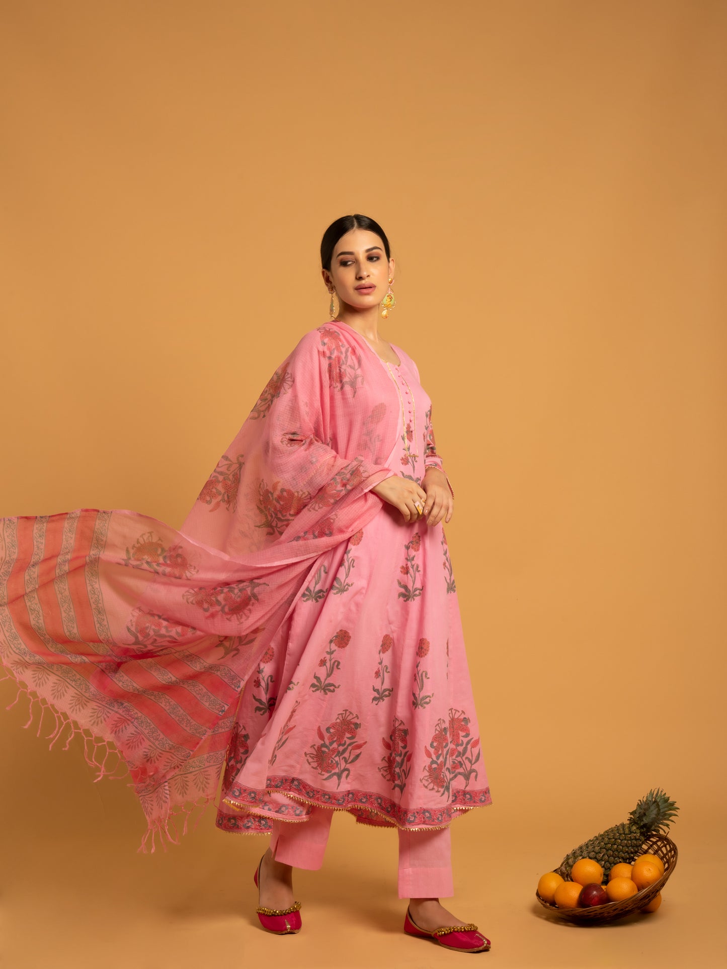 Gulaab Bagiya Pink Block Printed Cotton Suit Set Kota Doria Dupatta