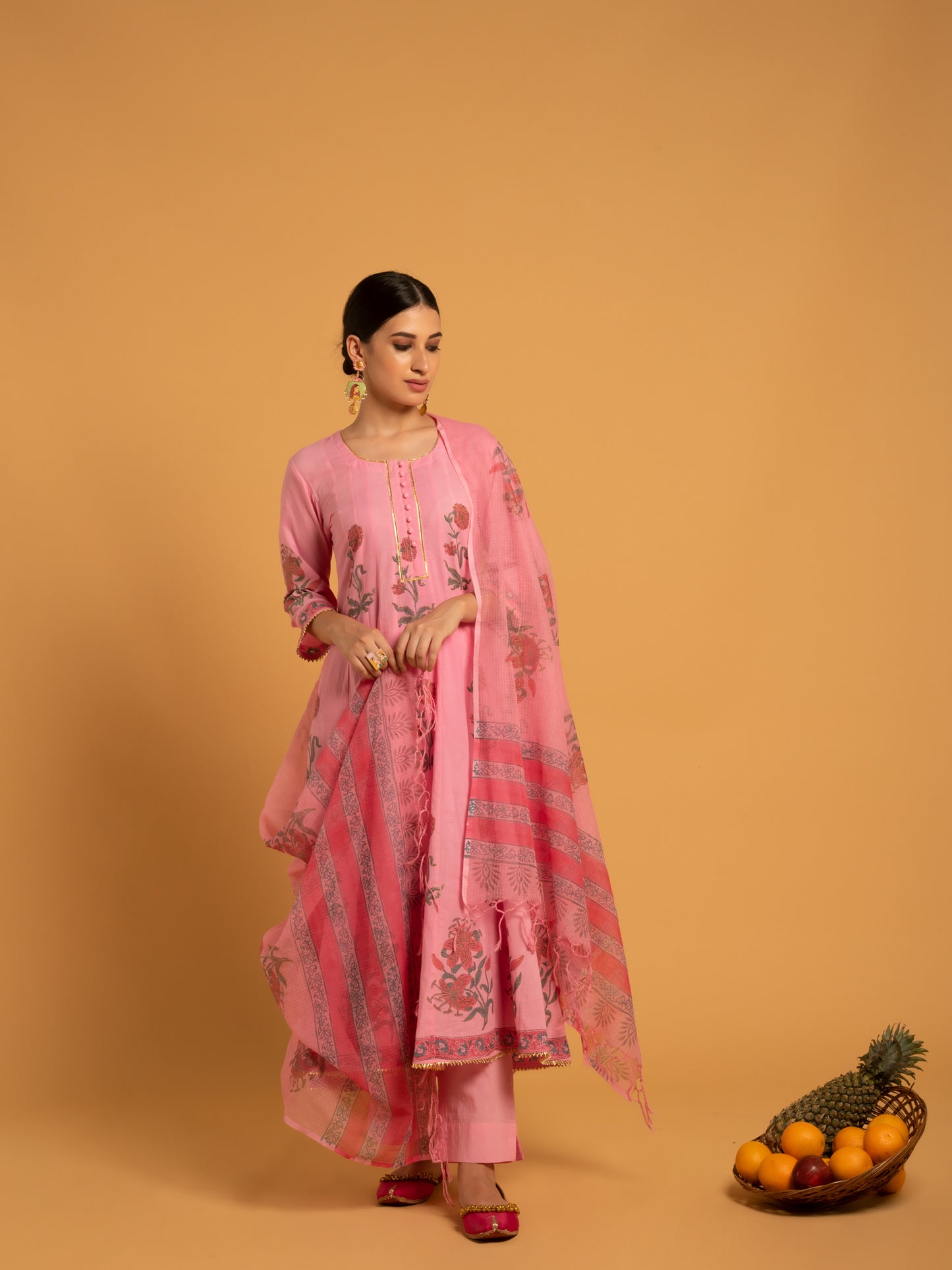 Gulaab Bagiya Pink Block Printed Cotton Suit Set Kota Doria Dupatta