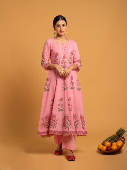 Gulaab Bagiya Pink Block Printed Cotton Suit Set Kota Doria Dupatta