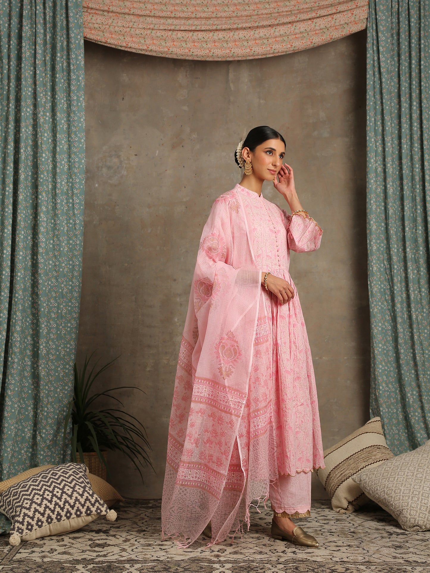 Inaayat Gulaab Pink Floral Printed Cotton Gathered Suit Hand Block Printed Kota Doria Dupatta