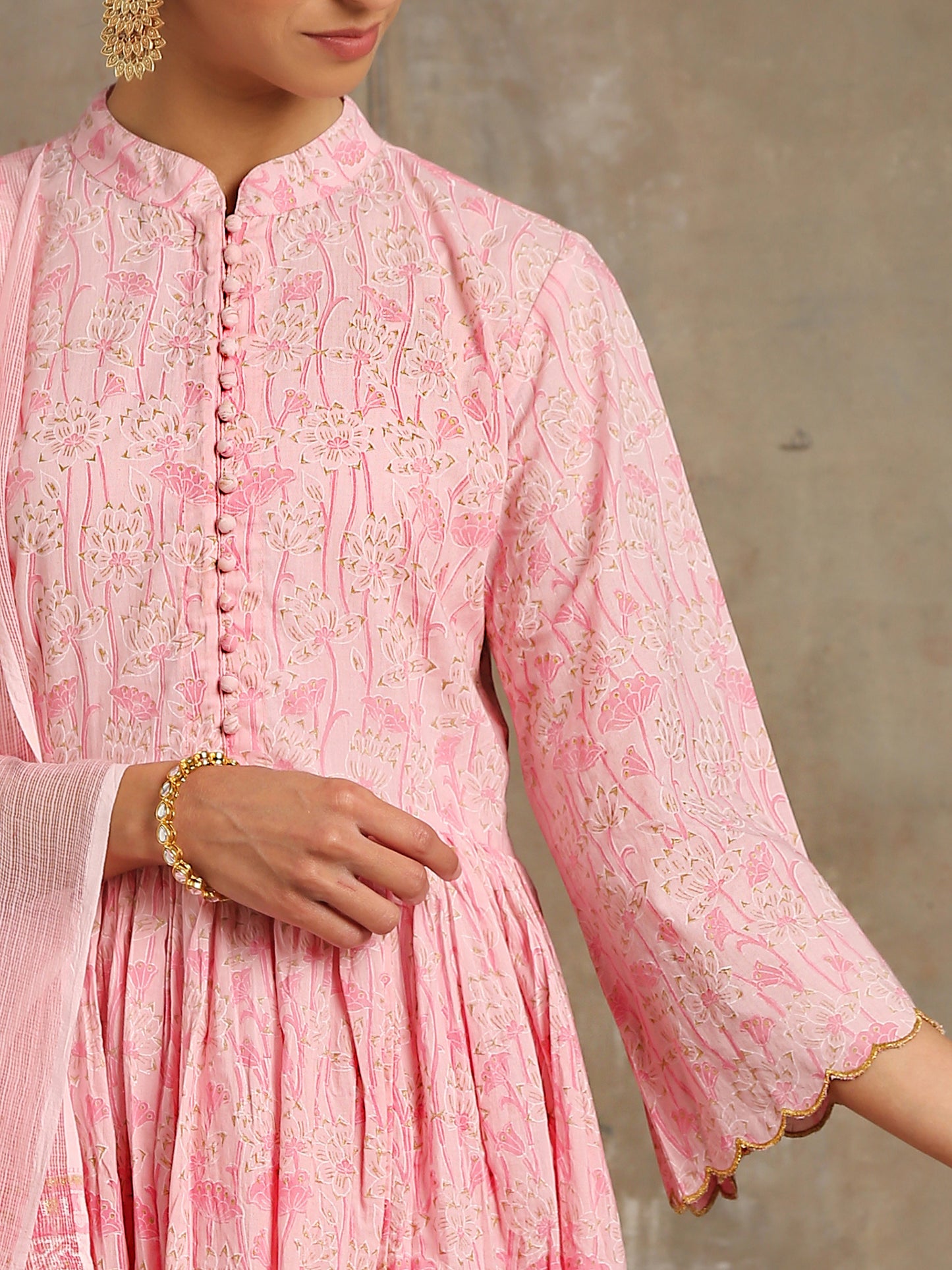 Inaayat Gulaab Pink Floral Printed Cotton Gathered Suit Hand Block Printed Kota Doria Dupatta