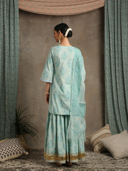Sharanya Amber Block Printed Cotton Sharara Suit Kota Doria Dupatta