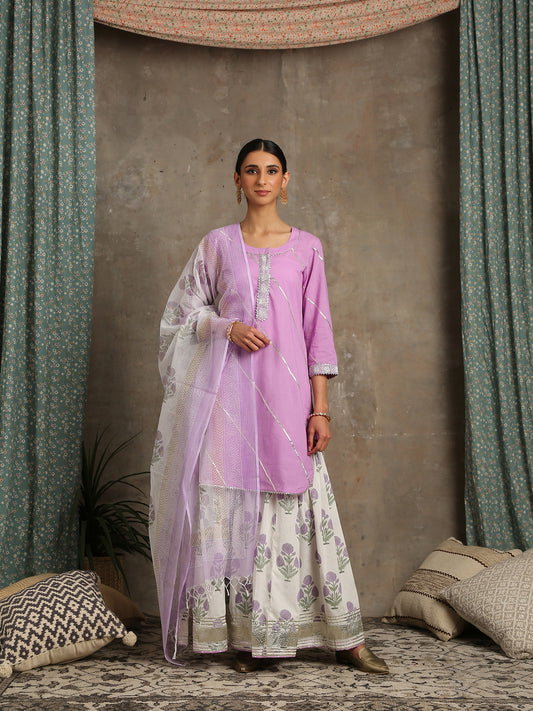 Sharanya  Lavender and Ivory Hand Block Printed Sharara Suit With Kota Doria Dupatta