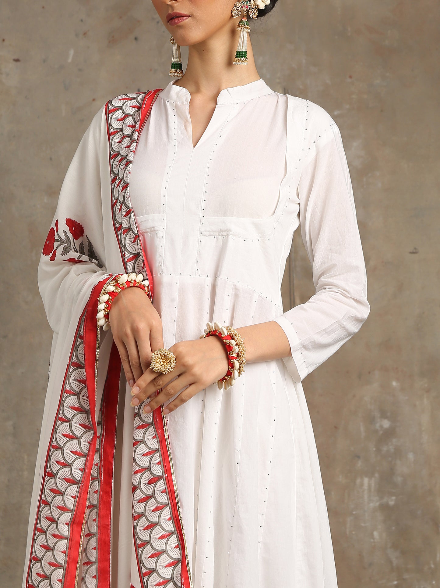 Mahira Suit Set White Mukaish Work Cotton Kalidar Kurta Pants Red Hand Block Printed Mulmul Dupatta