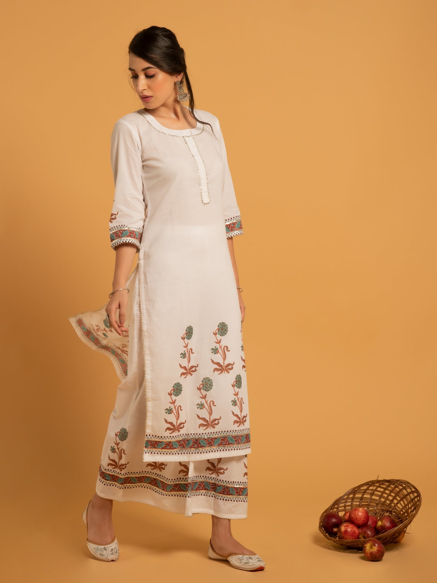 Surajmukhi Baadli White Hand Block Printed Cotton Farshi Suit Kota Doria Dupatta