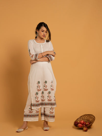 Surajmukhi Baadli White Hand Block Printed Cotton Farshi Suit Kota Doria Dupatta