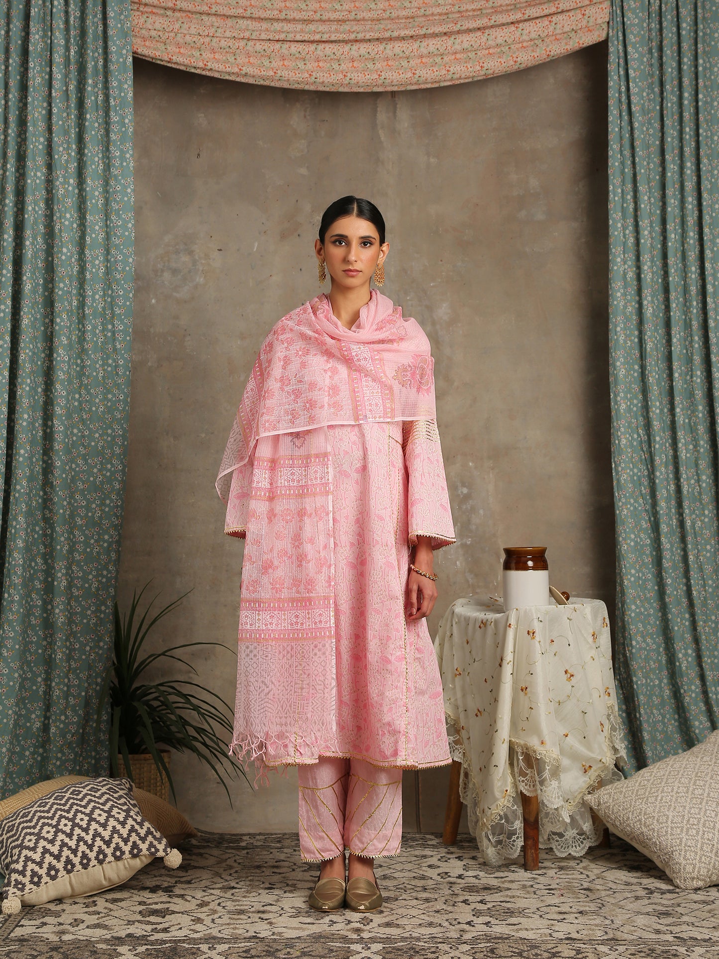 Mehr Gulaab Pink Printed Cotton Kalidar Kurta Gota Pants Hand Block Printed Kota Doria Dupatta