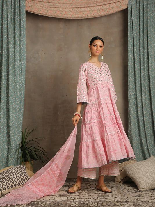 Neer Gulaab Pink Hand Block Printed Cotton Gota Tiered Suit Kota Doria Dupatta