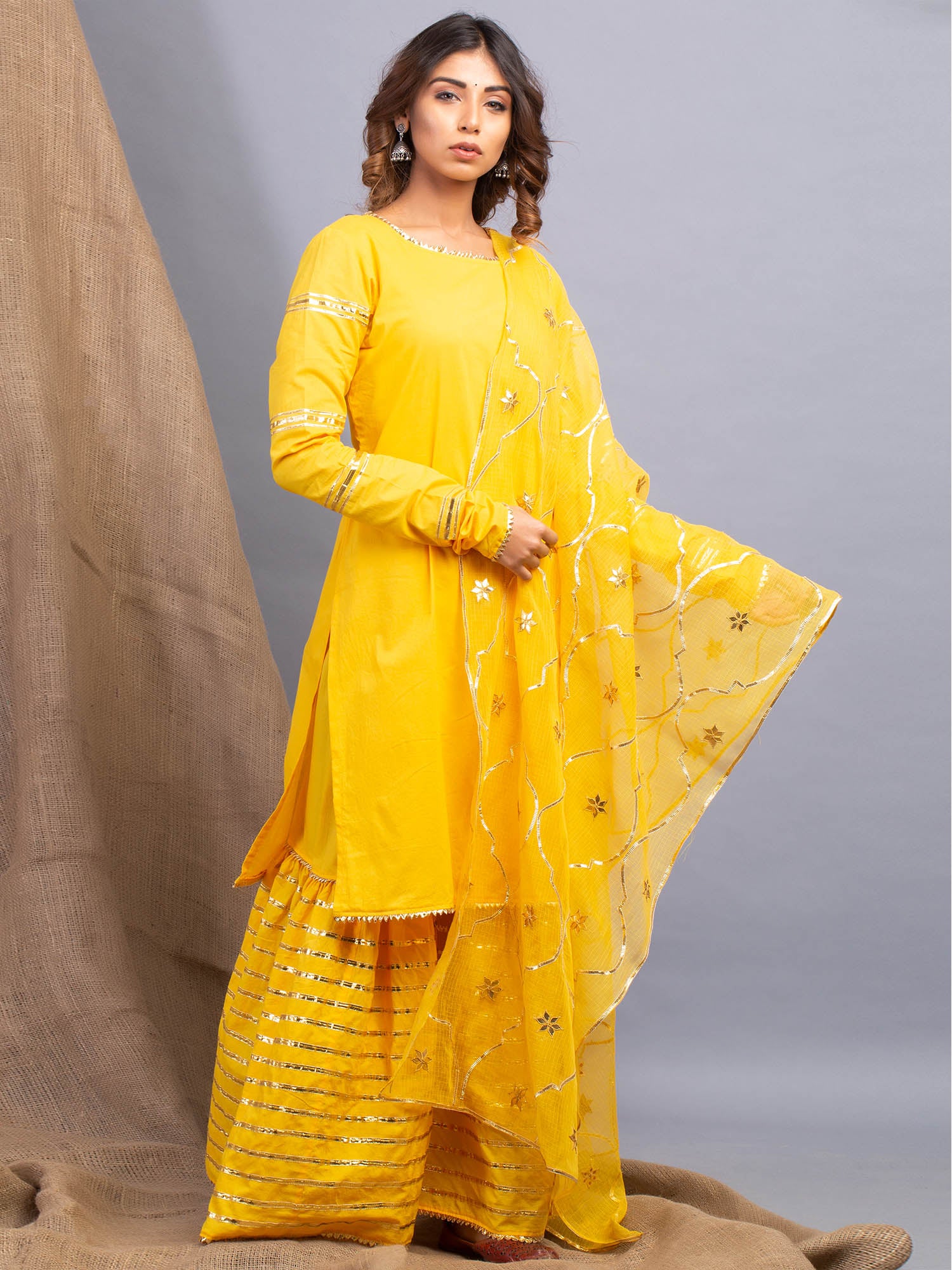 Buy Haldi Functional Silk Fabric Sharara Suit in Yellow Color